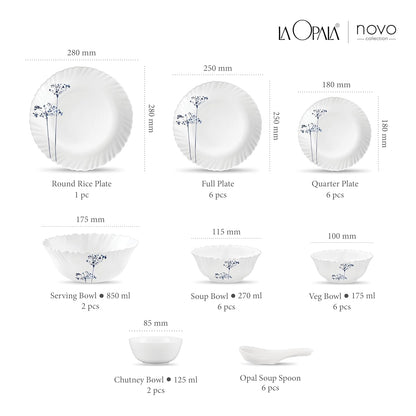 La Opala Novo Collection Opal Glass Crockery | for Family of 6 | Dinner Set 35 pcs Aqua Spray | Plates & Bowls for Dining | Microwave Safe | 100% Vegetarian | Extra Strong | Light & White