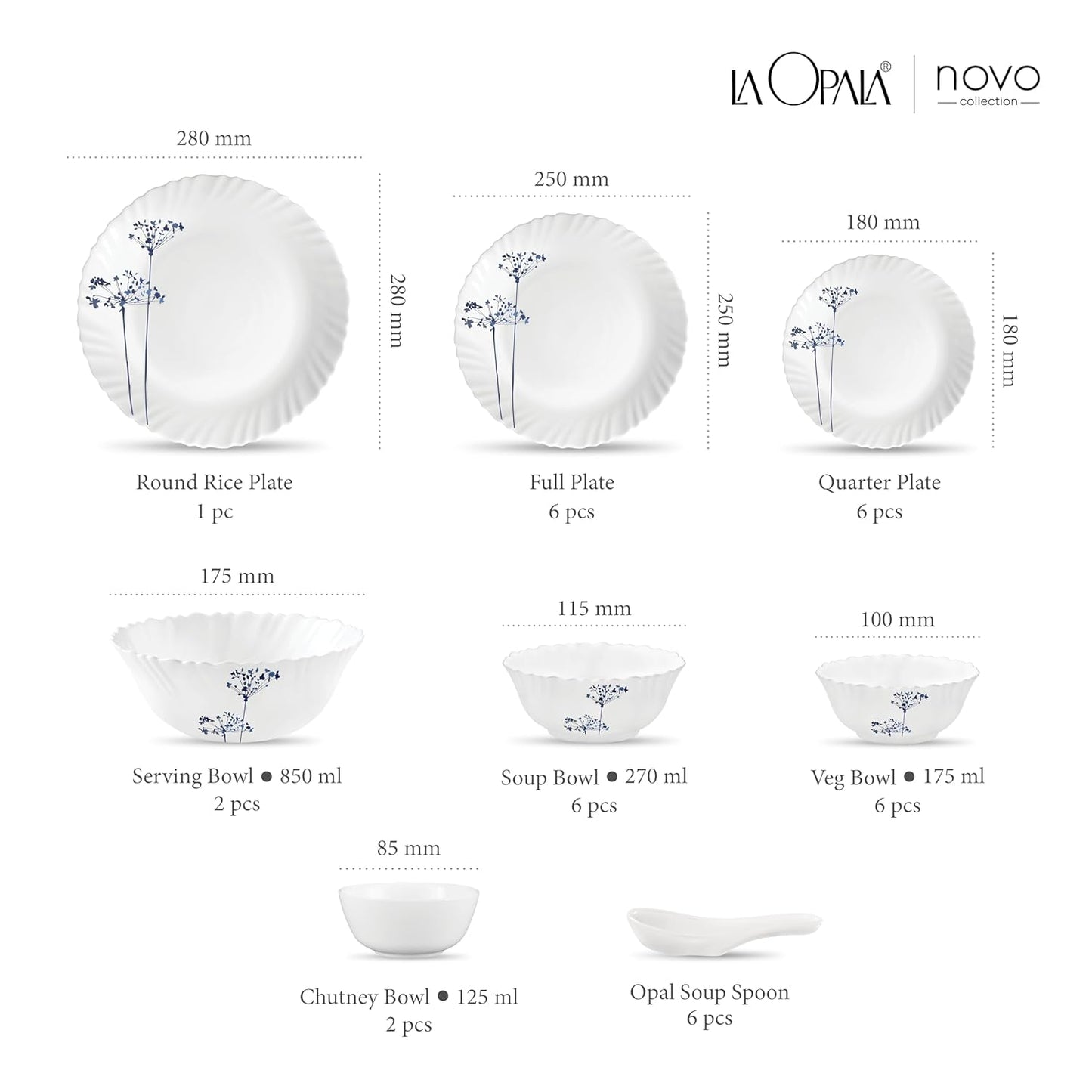 La Opala, Novo Collection, Opal Glass Dinner Set 35 pcs, Aqua Spray, White