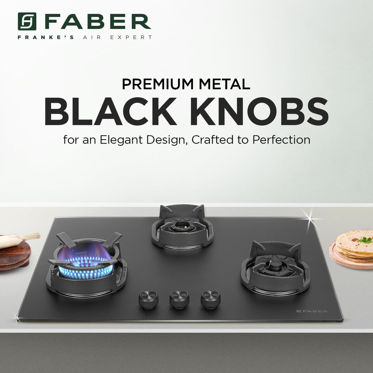 Faber Della 3 Burner 72Cm Hob |Auto Ignition|Brass Burner| Cast Iron Pan Support |Hob/Cooktop Hybrid| Matt Black Glass F