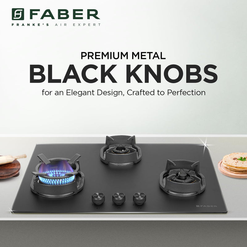 Faber Della 3 Burner 72Cm Hob |Auto Ignition|Brass Burner| Cast Iron Pan Support |Hob/Cooktop Hybrid| Matt Black Glass F