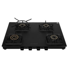 Faber Blossom Black Matt Glass Finish Cooktop| 4 Brass Burners-1Jumbo, 2Medium & 1Small |Manual Ignition | Heavy Pan Sup