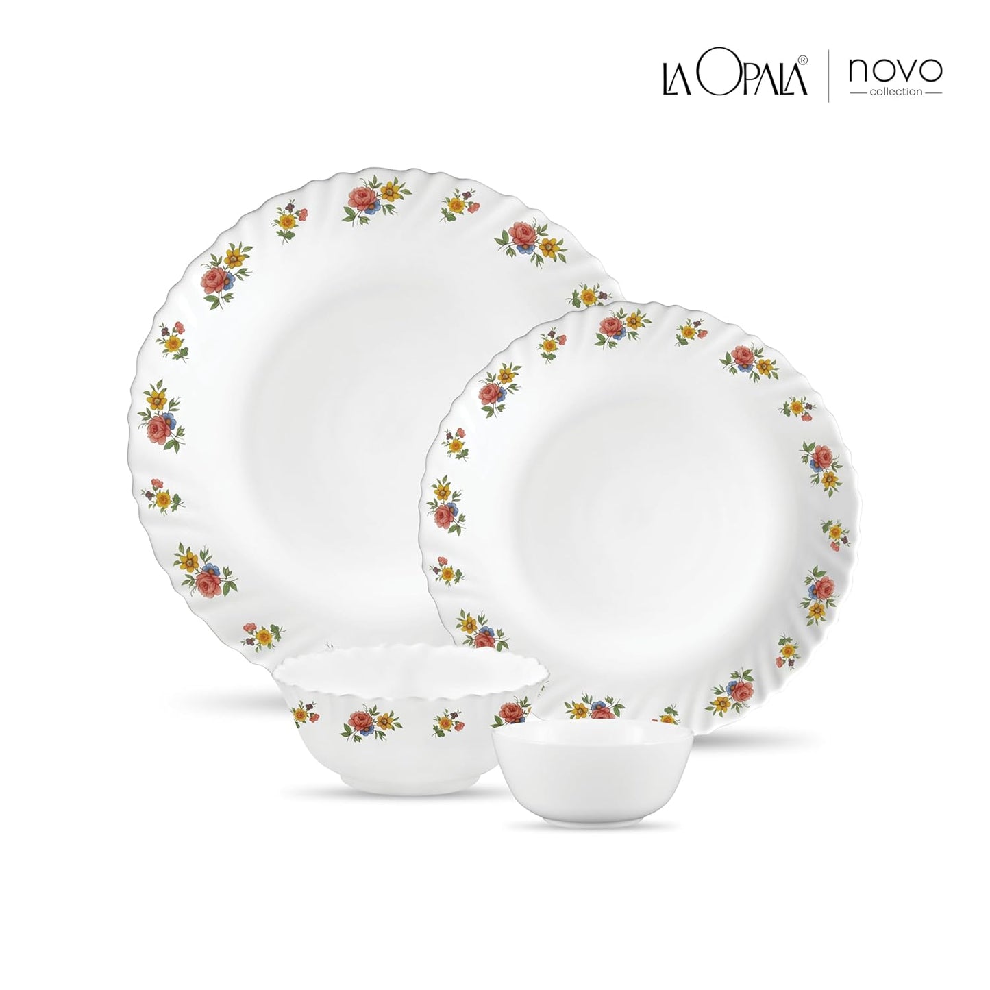 La Opala Novo Collection Opal Glass Crockery | for Family of 6 | Dinner Set 20 pcs Petite Roses | Plates & Bowls for Dining | Microwave Safe | 100% Vegetarian | Extra Strong | Light & White