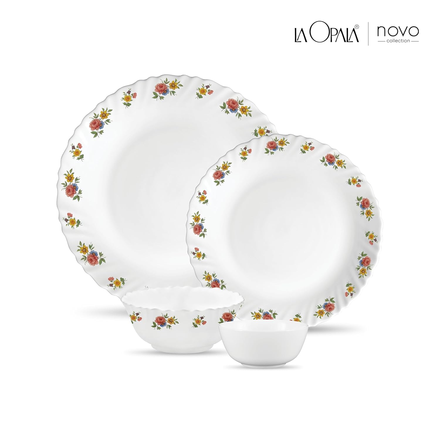 La Opala Novo Collection Opal Glass Crockery | for Family of 6 | Dinner Set 20 pcs Petite Roses | Plates & Bowls for Dining | Microwave Safe | 100% Vegetarian | Extra Strong | Light & White