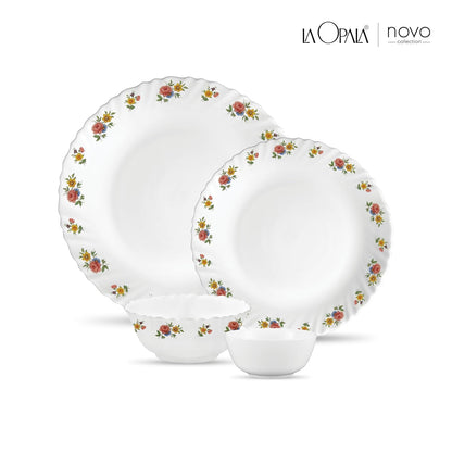 La Opala Novo Collection Opal Glass Crockery | for Family of 6 | Dinner Set 20 pcs Petite Roses | Plates & Bowls for Dining | Microwave Safe | 100% Vegetarian | Extra Strong | Light & White