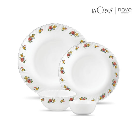La Opala Novo Collection Opal Glass Crockery | for Family of 6 | Dinner Set 20 pcs Petite Roses | Plates & Bowls for Dining | Microwave Safe | 100% Vegetarian | Extra Strong | Light & White