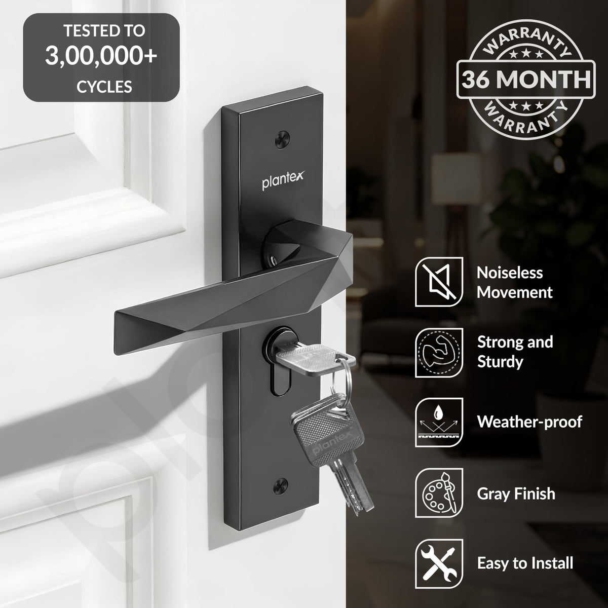 Plantex Door Lock for Home /6-Lever Lock Mechanism with 3 Years of Warranty/Heavy-Duty Door Lock Handle Set with 3 Keys, Brass Lock Body & Cylinder - (8129-Grey)-2