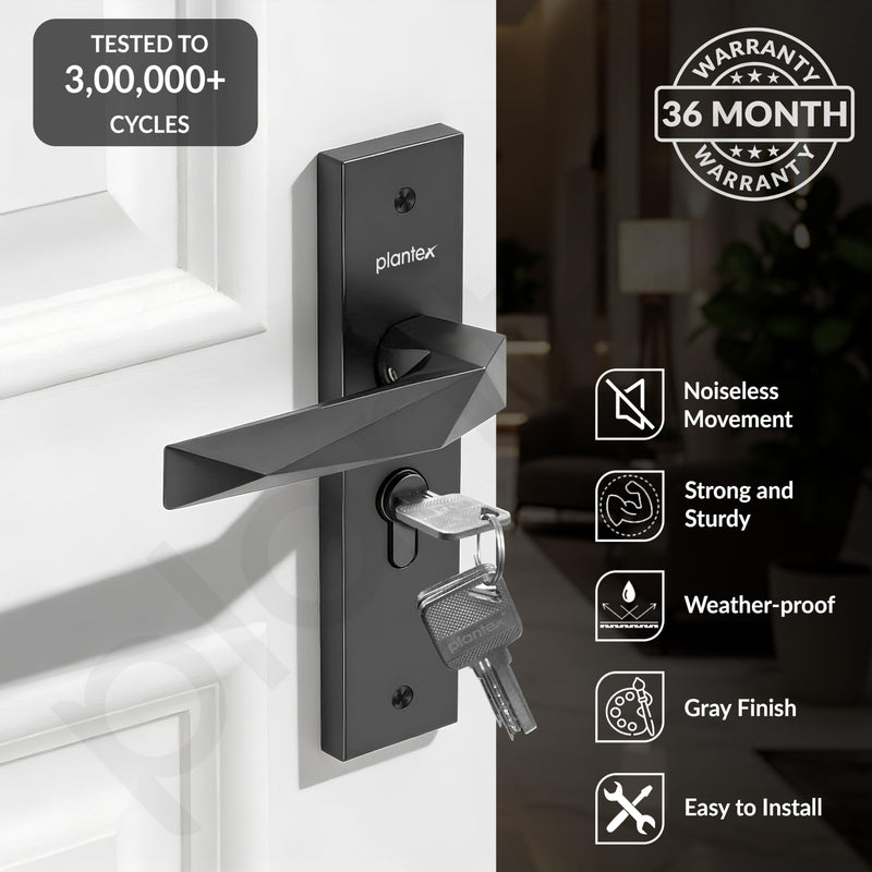 Plantex Door Lock for Home /6-Lever Lock Mechanism with 3 Years of Warranty/Heavy-Duty Door Lock Handle Set with 3 Keys, Brass Lock Body & Cylinder - (8129-Grey)-2