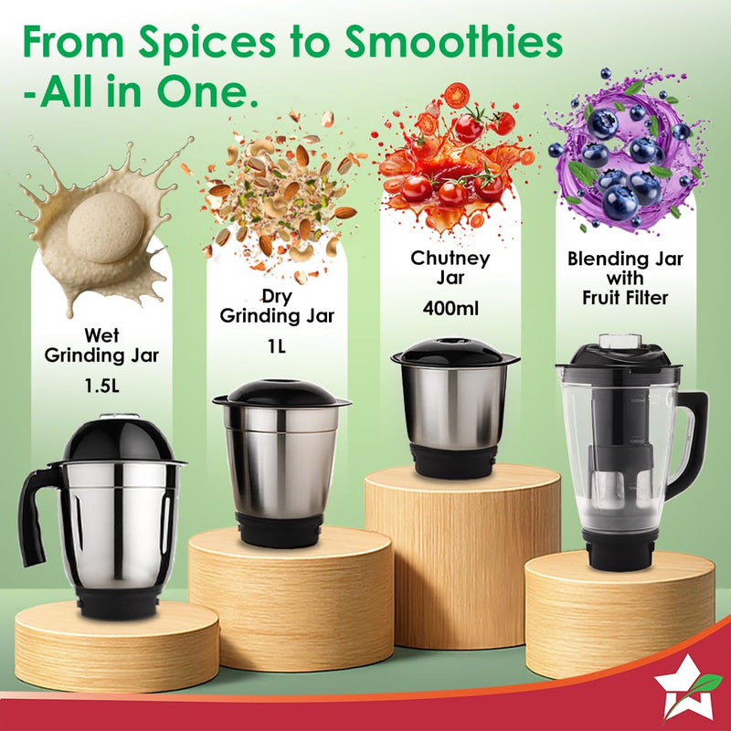 Wonderchef Vista Mixer Grinder | 4 Multi-purpose Jars | 750W | Sharp Stainless-steel Blades | For Masalas, Chutneys, Fresh Fruit Juices | 3-Speed Control | Advanced Safety Features | 2-Year Warranty