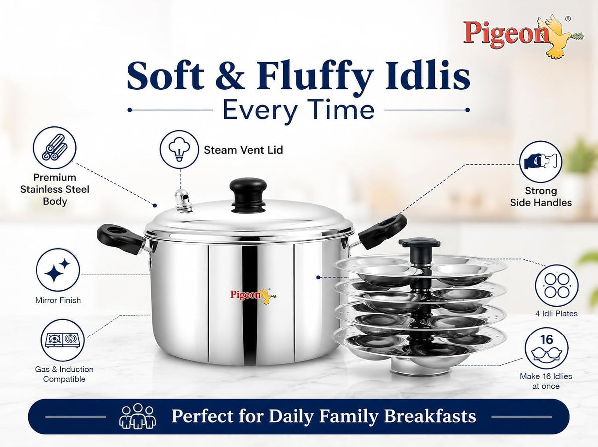 Pigeon Desire Stainless Steel Idli Cooker | ISI Certified Steamer Pot