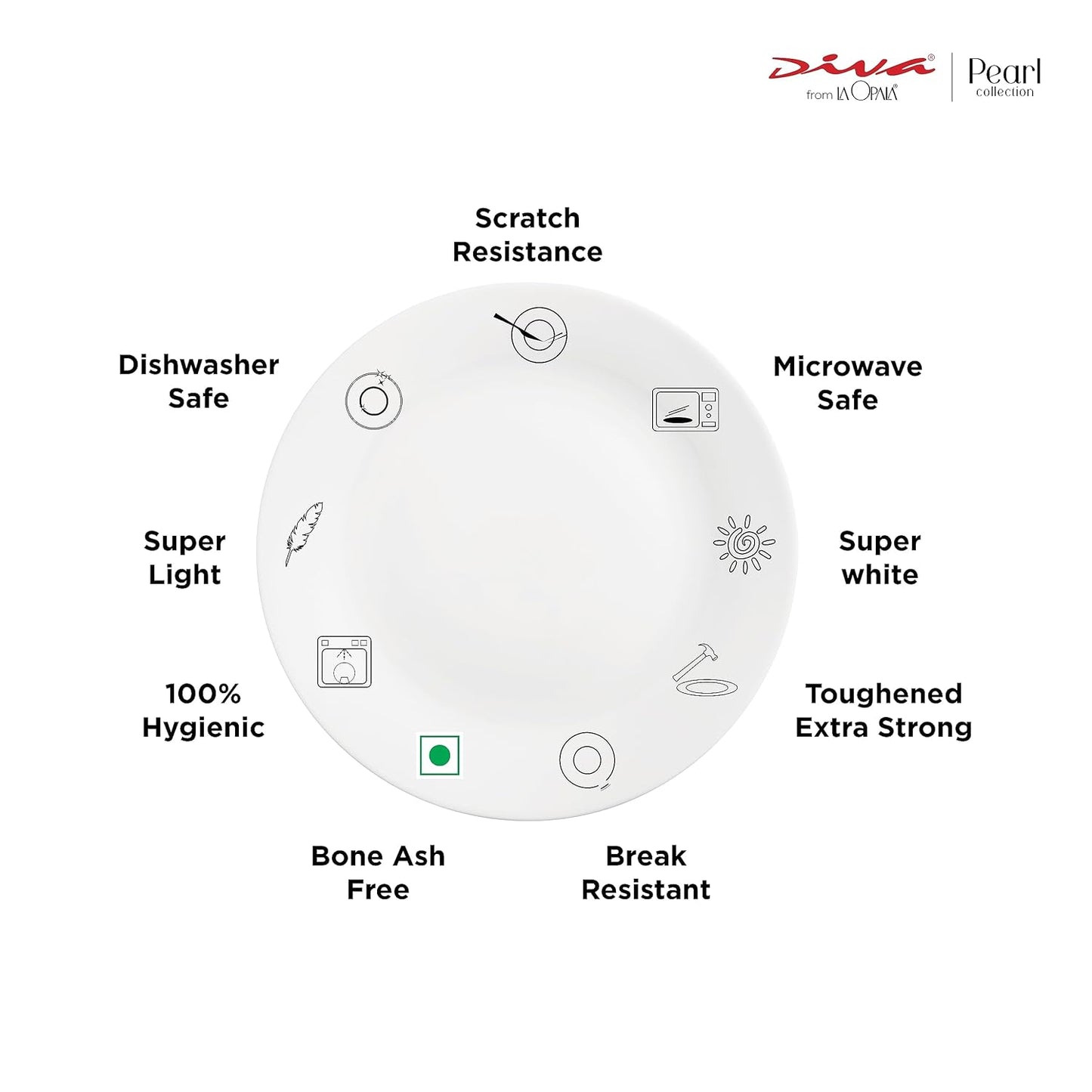 Diva by La Opala, Pearl Collection, Opal Glass Dinner Set 47 pcs, Dusky Vines, White