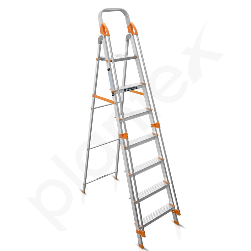 Plantex Secura 7 Step Aluminium Ladder for Home/Foldable Ladder with Safe Hand Rails/5 Year Manufacturer Warranty(Orange-Chrome)
