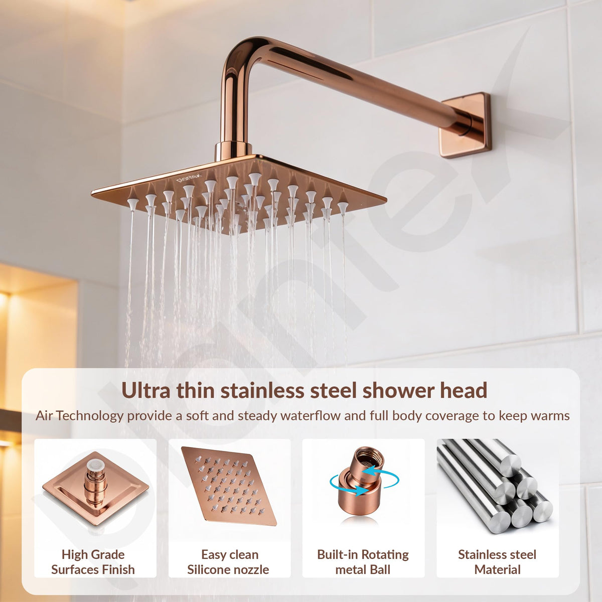 Plantex Stainless Steel Overhead Shower 4 x 4 inch with Water-Saving Technology/High pressure Rain Shower Head without Arm/Bathroom Shower -(Ultra Slim-PVD Rose Gold)-3