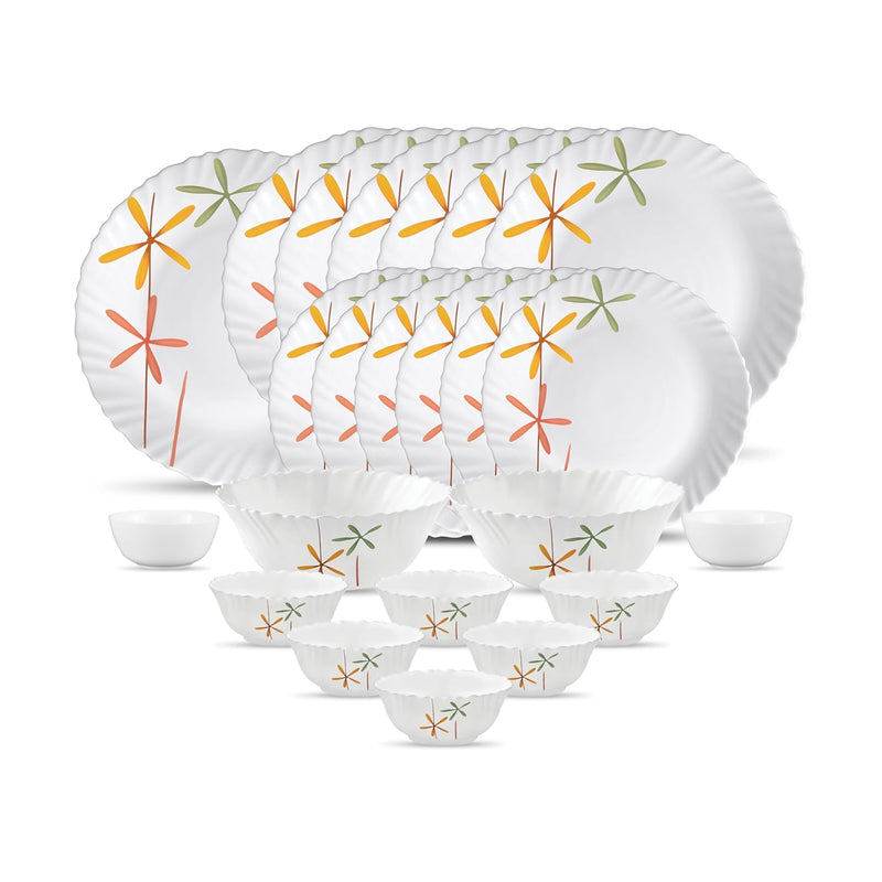 La Opala Novo Collection Opal Glass Crockery | for Family of 6 | Dinner Set 23 pcs Autumn Flower | Plates & Bowls for Dining | Microwave Safe | 100% Vegetarian | Extra Strong | Light & White