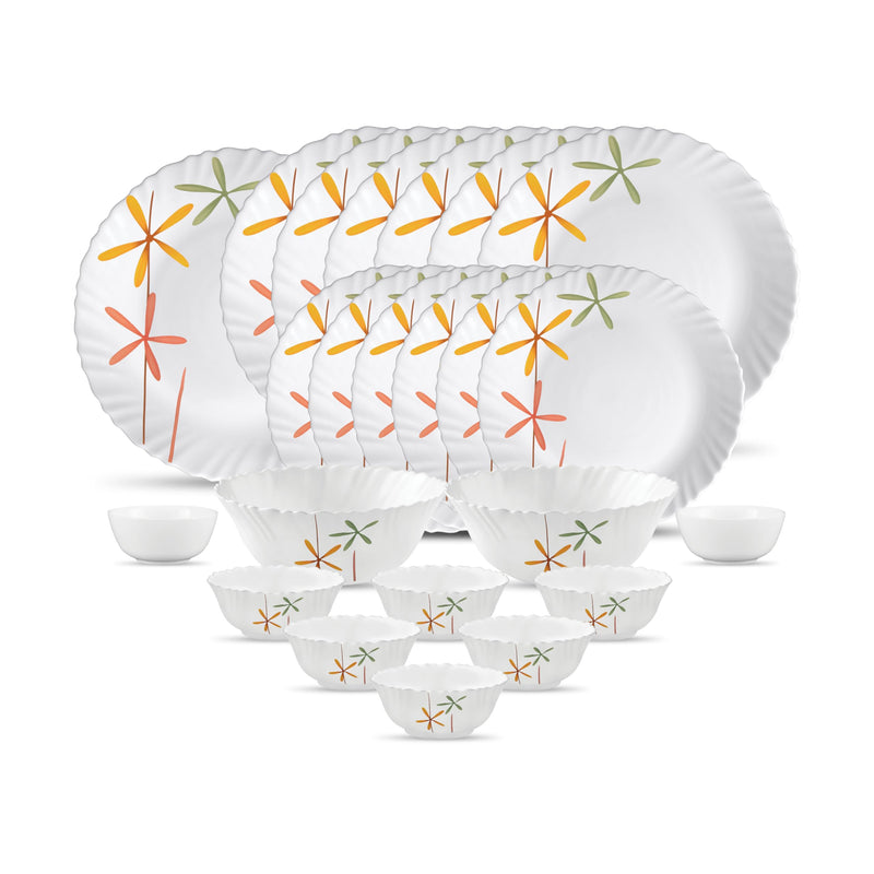 La Opala Novo Collection Opal Glass Crockery | for Family of 6 | Dinner Set 23 pcs Lush Greens | Plates & Bowls for Dining | Microwave Safe | 100% Vegetarian | Extra Strong | Light & White