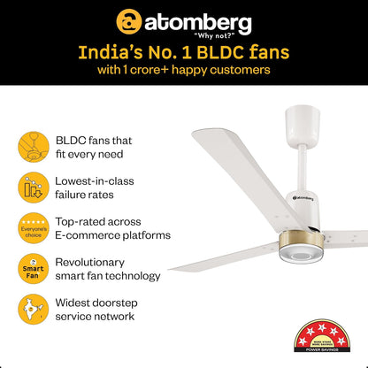atomberg Renesa Elite Smart 1200mm Voice Enabled BLDC Ceiling Fan with Remote Control | BEE 5 star | High Air Delivery with Moonbeam LED Light | Designer Fan | 5 Year Warranty | Pearl White