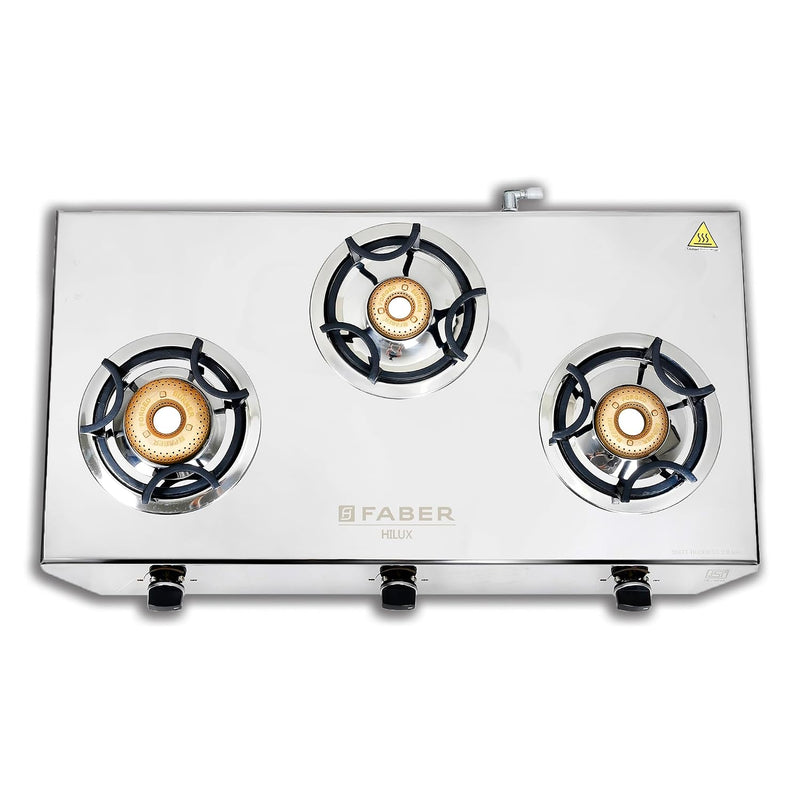 Faber Hilux 3 Burner SS Gas Stove | 1 Jumbo + 1 Medium + 1 Small | Anti-Skid Legs | Drip Tray | 360° Nozzle | Nylon Knob
