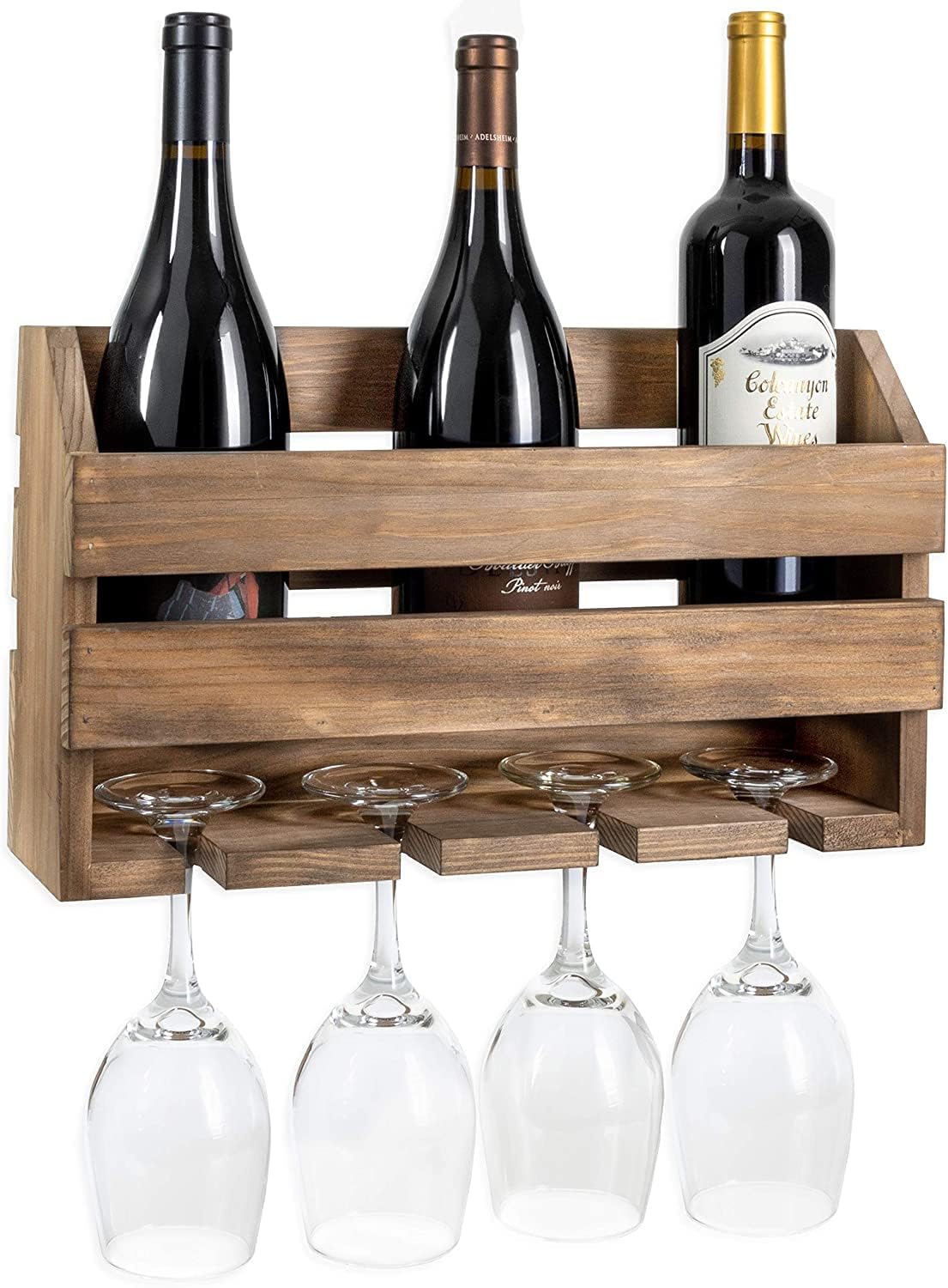 Rustic Wooden Wall Mounted Wine Rack - Wine Bottles & 4 Stemware Glass Holder for Home Bar Cabinet, Kitchen, Fa