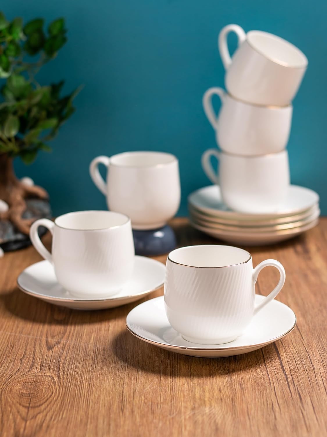Clay Craft Fine Ceramic Twig Gold Printed Cup & Saucer Set of 12 (6 Cups + 6 Saucers) - 180 ml Each