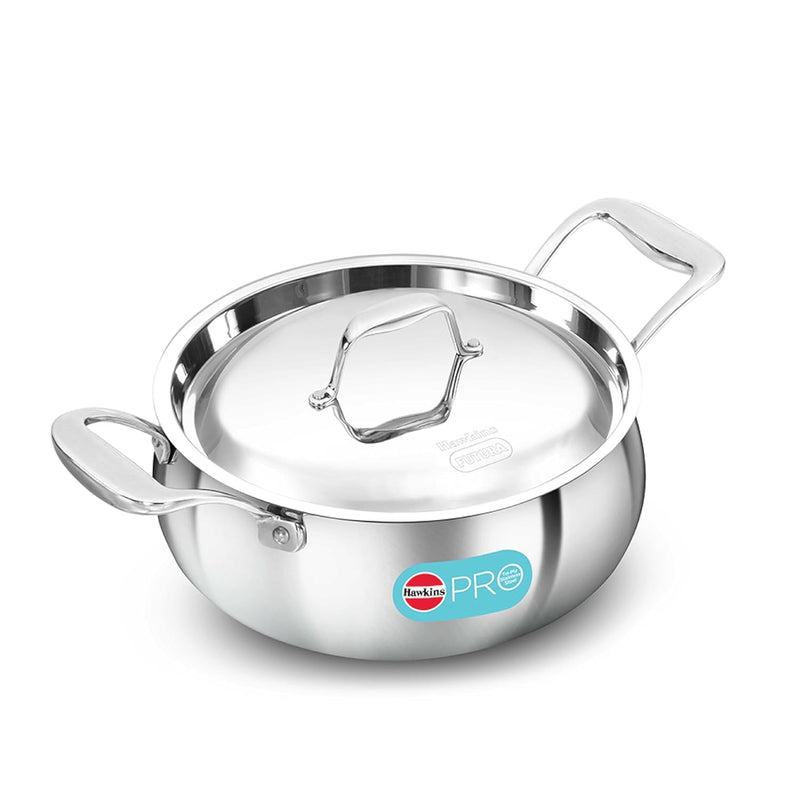 Hawkins 3L Pro Triply Stainless Steel Handi with Steel Handles and Steel Lid, Silver (PSH30S)