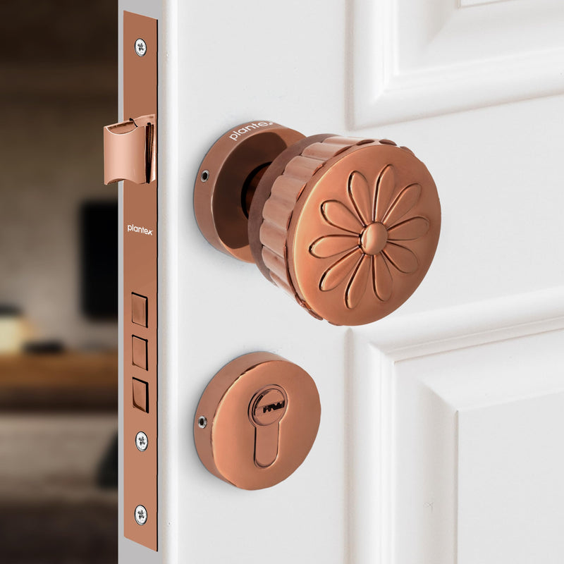 Plantex Heavy Duty Door Lock/Main Door Mortise Lock Handle/Handle Set for Home/Office/Door Accessories (Rose Gold)-1