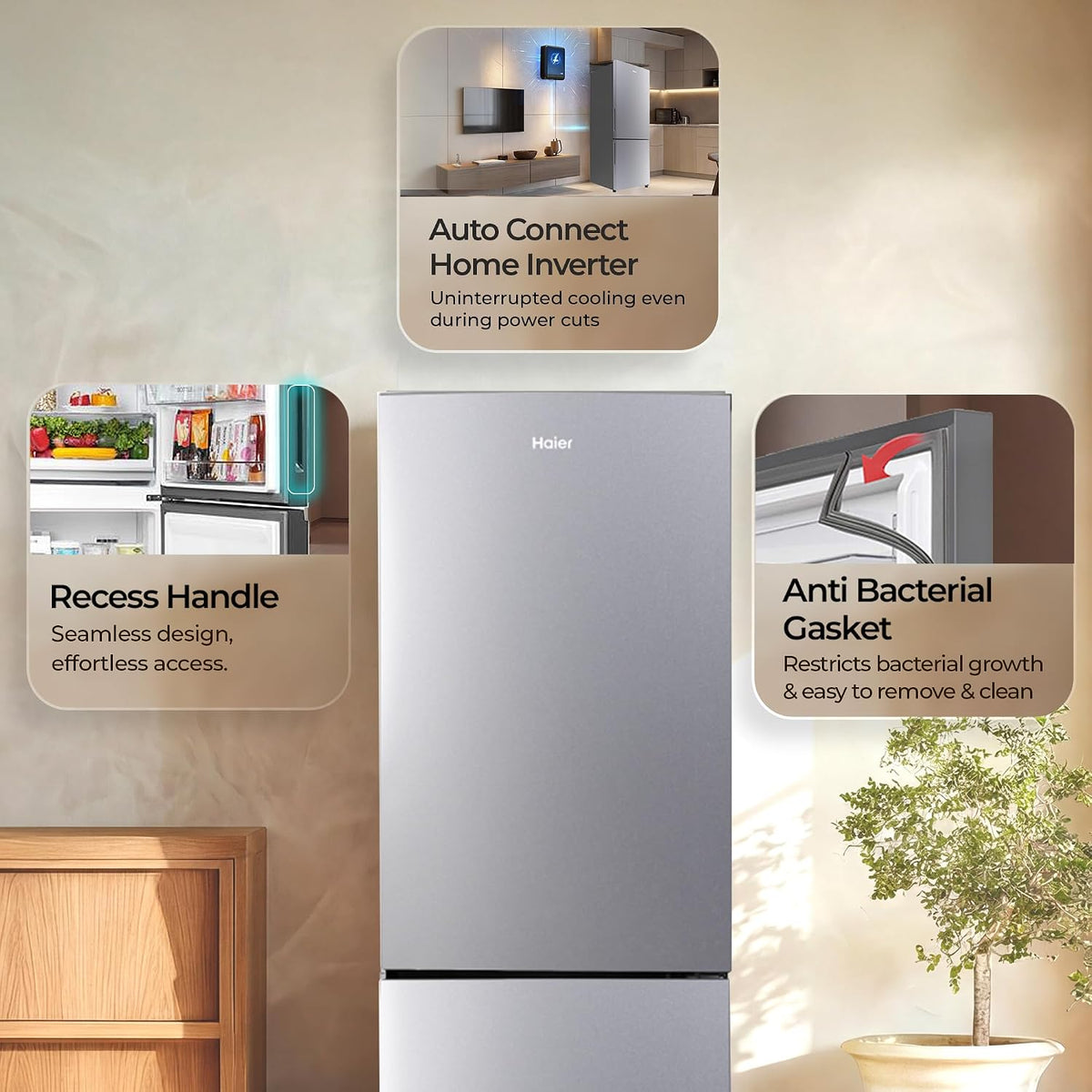 Haier 237 L 2 Star Frost Free Twin Inverter Double Door Bottom Mount Refrigerator with Extra Spacious 2X Veg Box (HEB-242EGSA-P, Moon Silver, 2026)-3