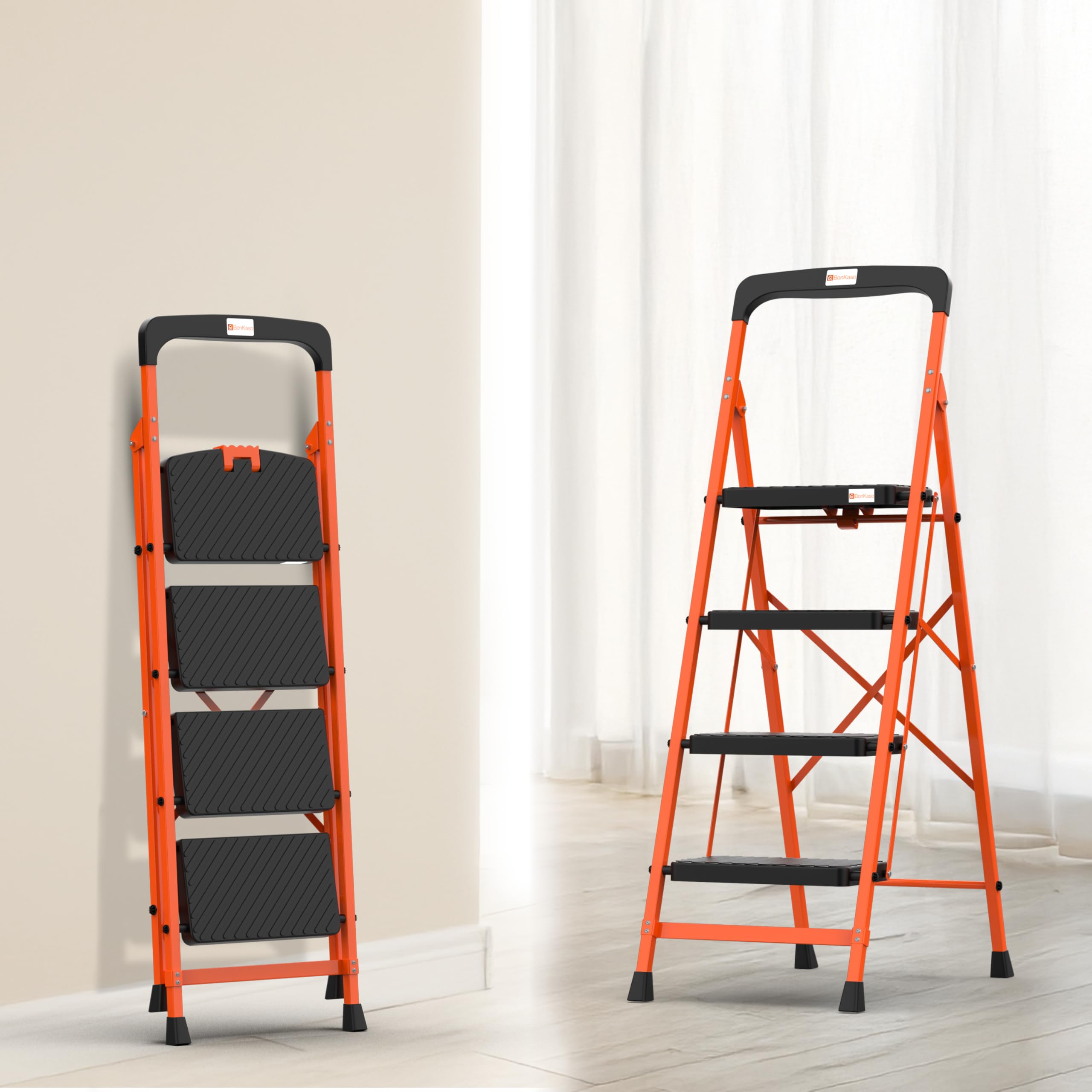 BonKaso Climb Easy 5 Step Heavy Duty Steel Folding Climbing Ladder for Home, Home & Office – with Safety Lock, Anti-Slip Wide Steps, Support Handle & Tool Tray (Orange & Black)