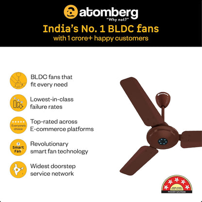 atomberg Ikano 900mm BLDC Ceiling Fan with Remote | BEE 5 star | High Air Delivery | LED Speed Indicator | Low Noise | Timeless Design with Power Saving | 3 Year Warranty | Gloss Brown