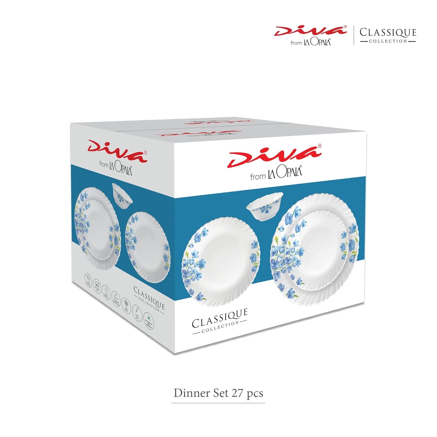 La Opala Diva Classique Collection Opal Glass Crockery | for Family of 6 | Dinner Set 27 pcs Citron Weave | Plates & Bowls for Dining | Microwave Safe | 100% Vegetarian | Extra Strong | White