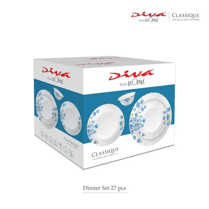 La Opala Diva Classique Collection Opal Glass Crockery | for Family of 6 | Dinner Set 27 pcs Citron Weave | Plates & Bowls for Dining | Microwave Safe | 100% Vegetarian | Extra Strong | White