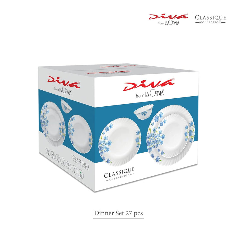 La Opala Diva Classique Collection Opal Glass Crockery | for Family of 6 | Dinner Set 27 pcs Citron Weave | Plates & Bowls for Dining | Microwave Safe | 100% Vegetarian | Extra Strong | White