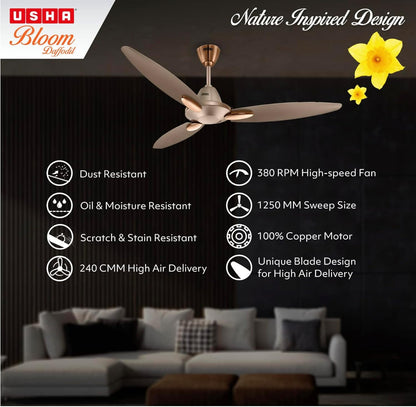 USHA Bloom Daffodil 1250mm|BEE Star Rated | Goodbye Dust Ceiling Fan | 2 Year Warranty | (Sparkle Golden and Brown) Pack of 1