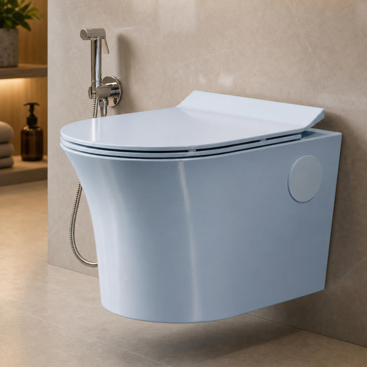 Plantex Platinum Rimless Wall Hung Western Commode/Washdown Bathroom Commode/P Trap Western Toilet with Soft Close Toilet Seat Cover (Ocean)