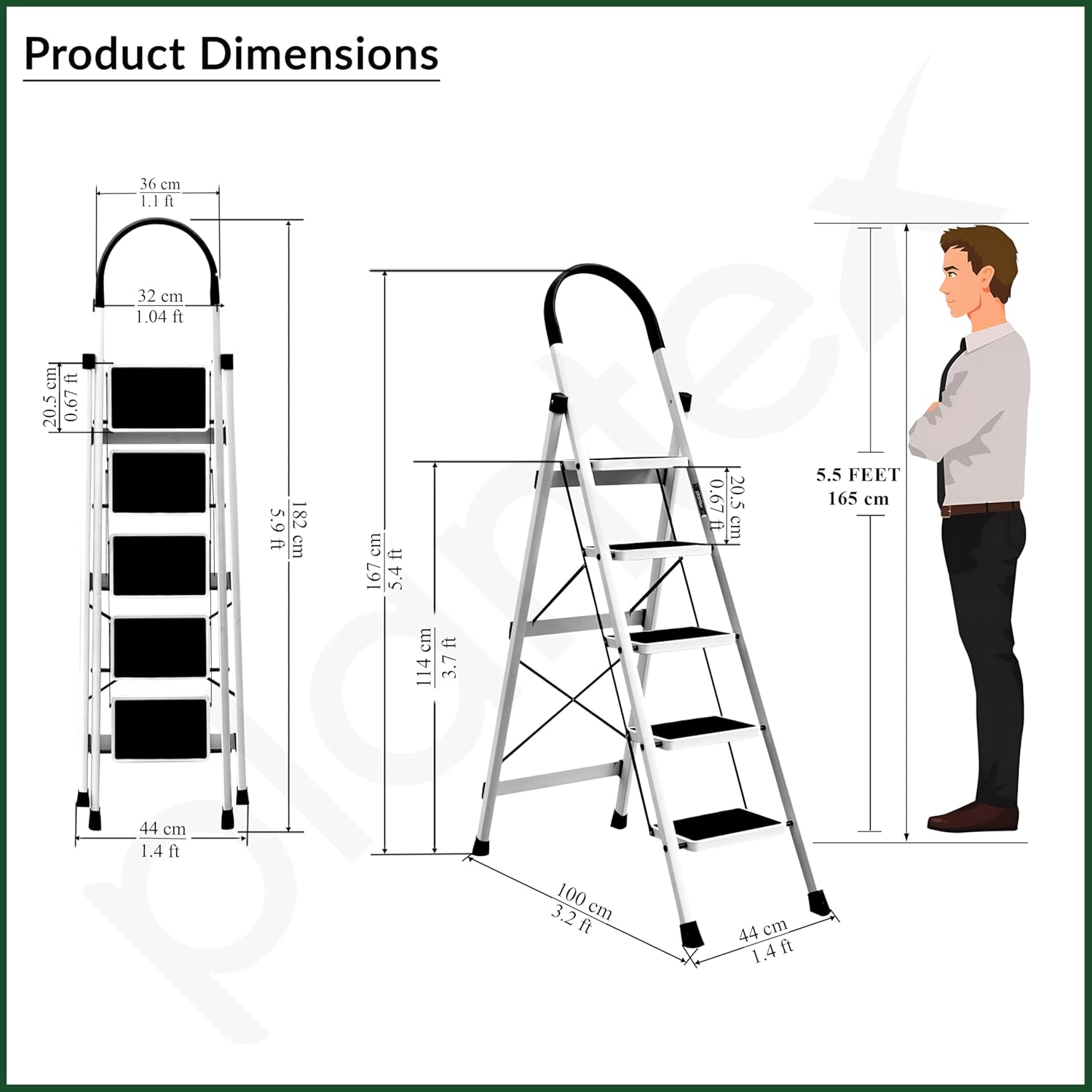 Plantex Ladder for Home 5 Steps/Foldable Ladder with Anti-Skid Wide Steps (30L x 20W cm)/Strong D-Shape Pipe with X-Support for More Stability/5 Year Warranty(Apex-White)