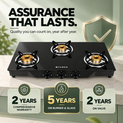 Faber Jumbo 3 Brass Burner Cooktop | 1 Jumbo, 1 Medium, 1 Small | Drip Tray | Toughened Glass | Manual Ignition | Ergono