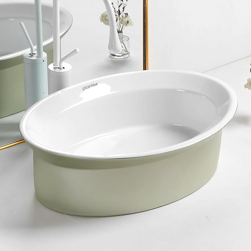 Plantex Ceramic Table Top Washbasin for Bathroom/Countertop Basin/Oval Counter Top Wash Basin for Home/Office/Hotel (21x16x6 Inch - White&Green)-1