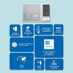 Blue Star 1 Ton 2 Star, New Star Rated, Window AC (Copper, 2 Way Swing, Multi Sensors, Blue Fins, Self Diagnosis, WFA312LXU, White)