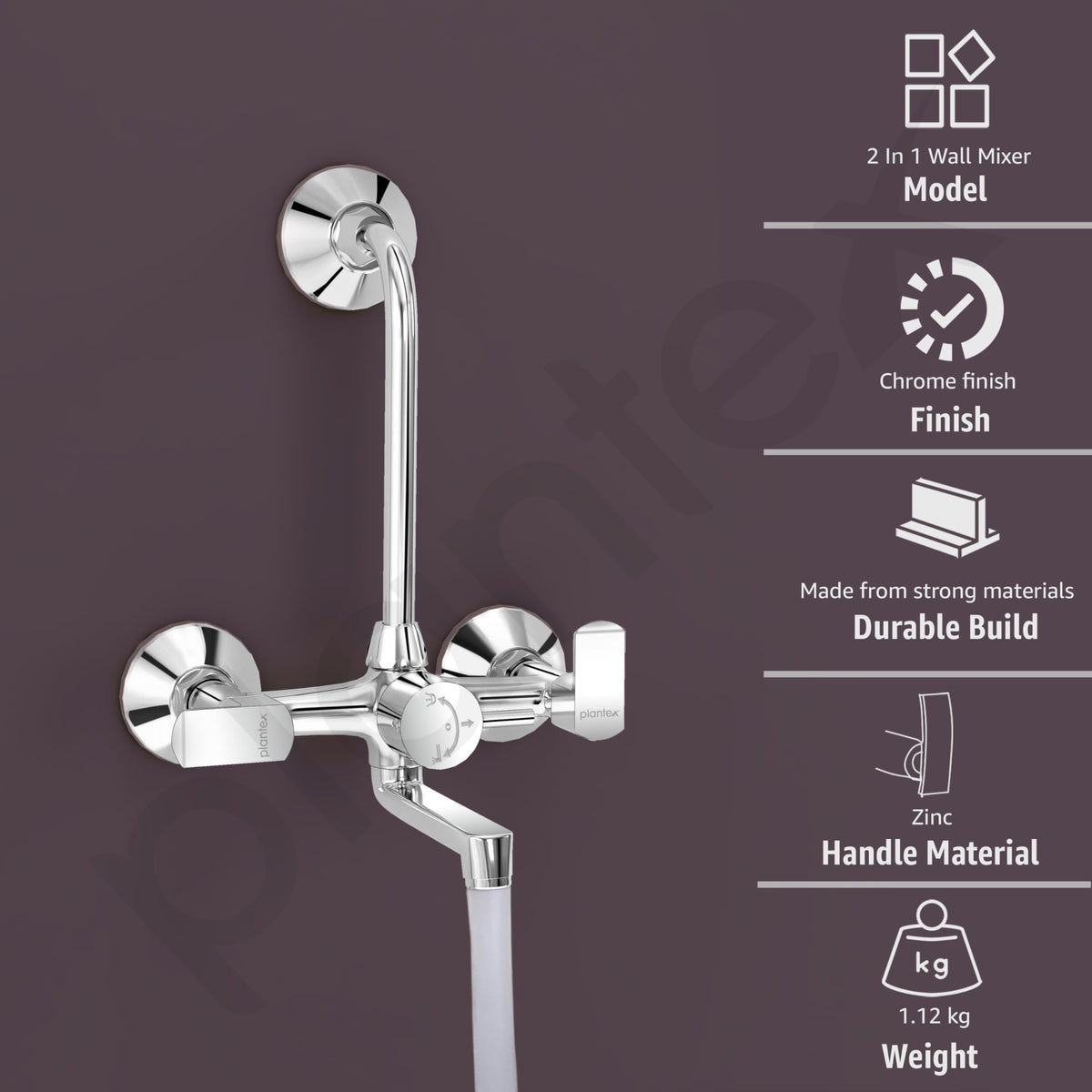 Plantex Wall Mixer 2 in 1 with L-Bend Connector and Water-Saving Aerator/Wall Mixer with Brass Spindle/Mixture Tap for Bathroom - (APS-1289 Chrome)