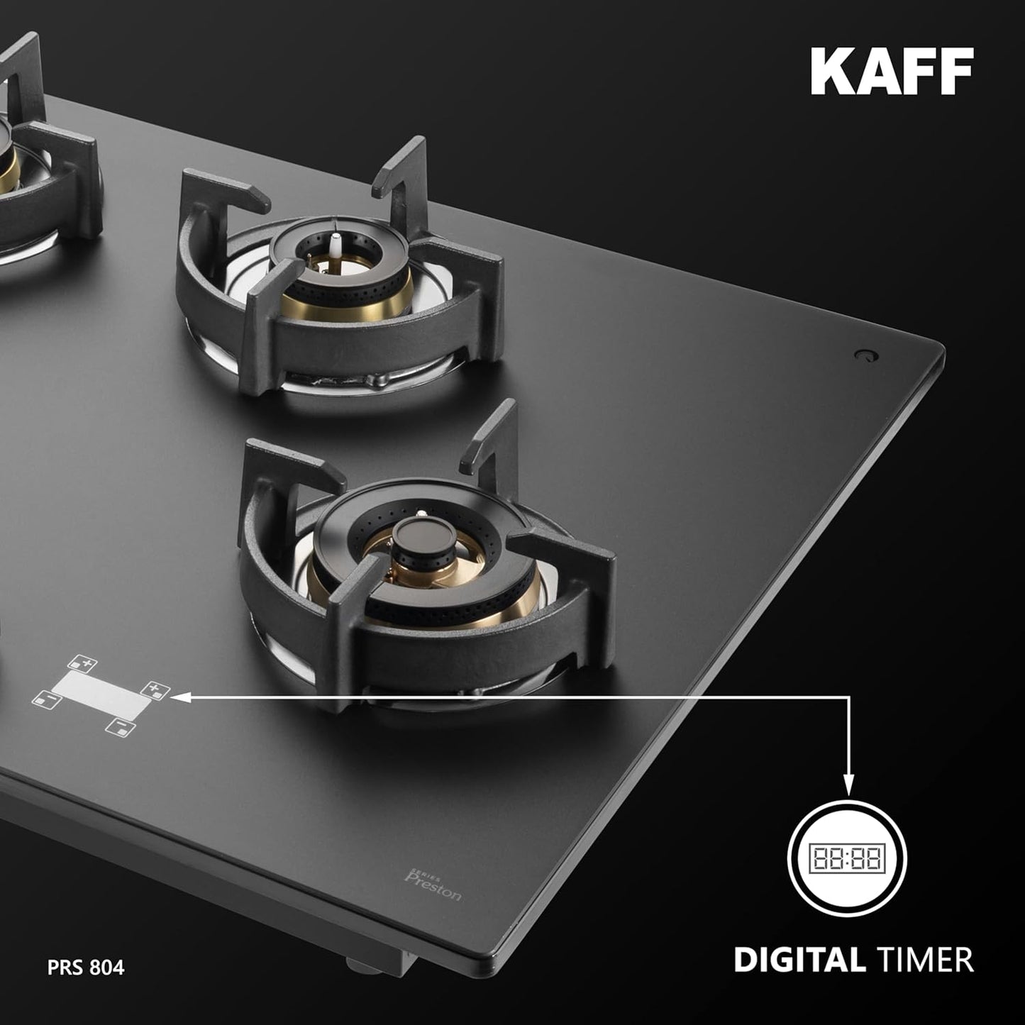 KAFF | PRESTON |80CM 4 Burners Open Built-In Hob & Hobtop With Digital Timer | 8Mm Premium Frosted Black Glass | Powerful Brass Burners With Full Flame Failure Device | Enamelled Matt Finish | PRS804