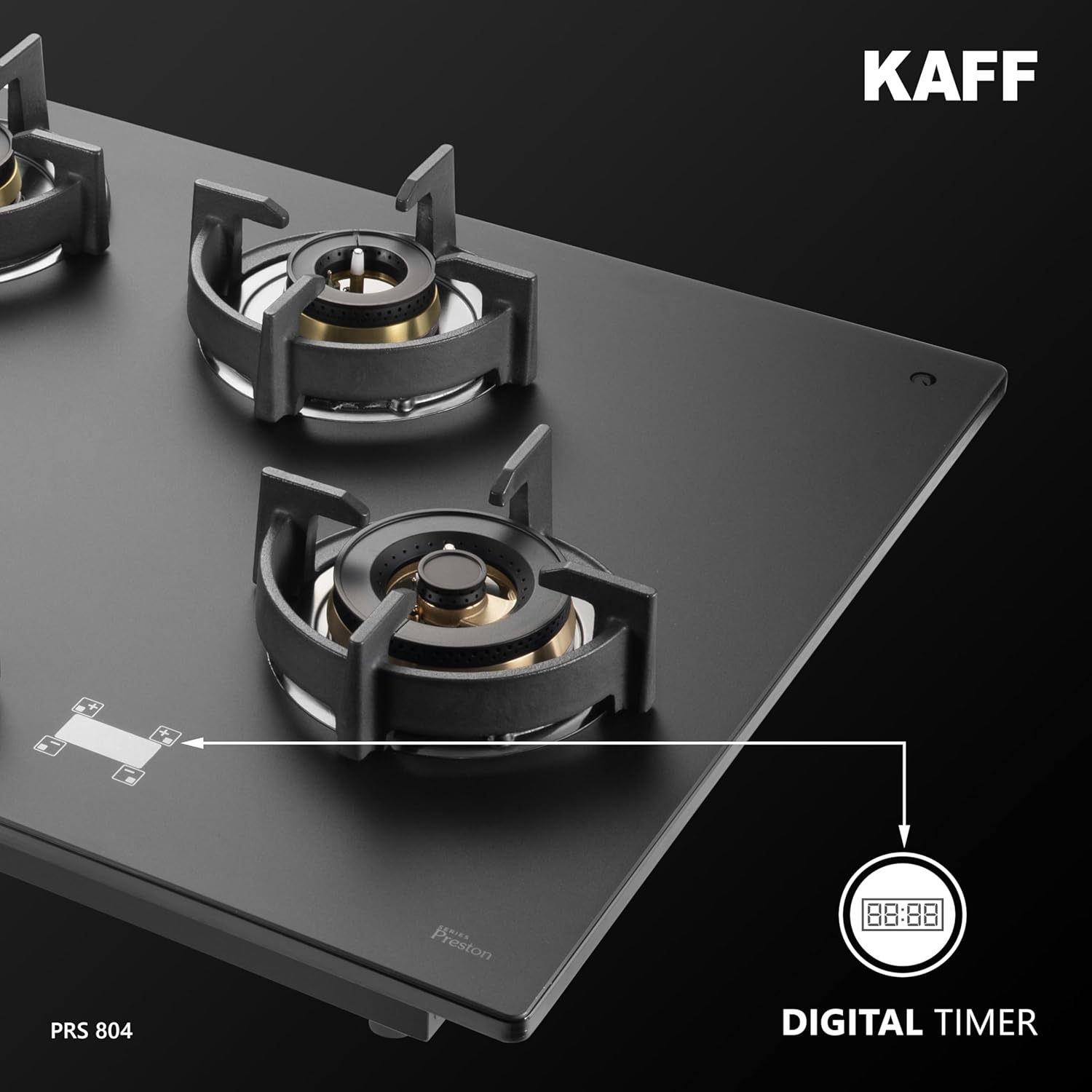 KAFF | PRESTON |80CM 4 Burners Open Built-In Hob & Hobtop With Digital Timer | 8Mm Premium Frosted Black Glass | Powerful Brass Burners With Full Flame Failure Device | Enamelled Matt Finish | PRS804