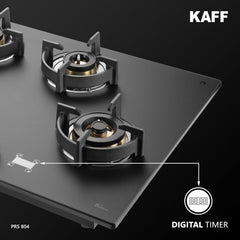 KAFF | PRESTON |80CM 4 Burners Open Built-In Hob & Hobtop With Digital Timer | 8Mm Premium Frosted Black Glass | Powerful Brass Burners With Full Flame Failure Device | Enamelled Matt Finish | PRS804