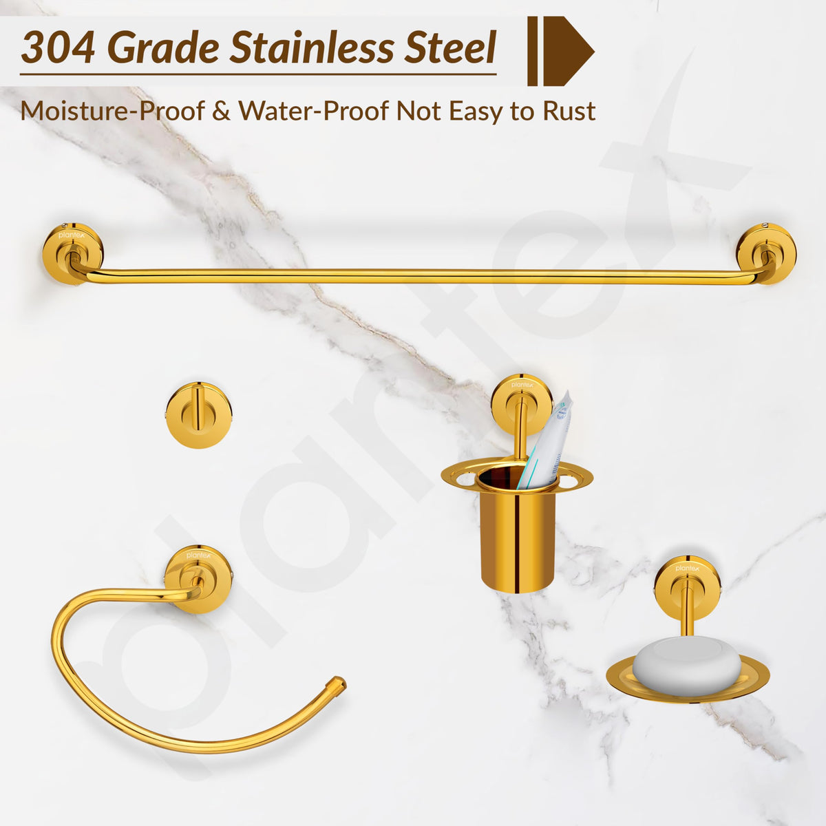Plantex 304 Grade Stainless Steel Bathroom Accessories Set of 5 - Towel Rod/Hand Napkin Hanger for Wash Basin/Soap Case/Toothbrush Holder/Robe Hook - Daizy (Golden)-4