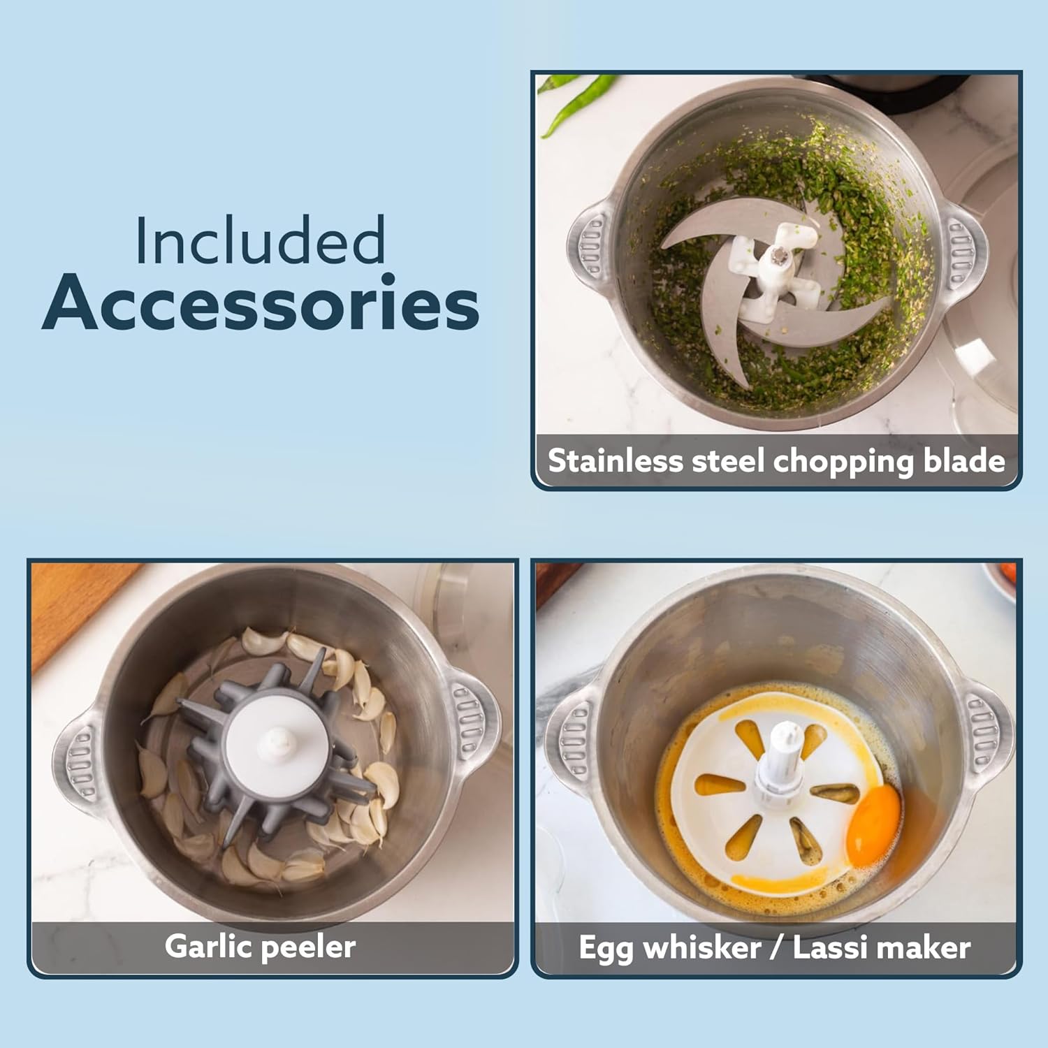 AGARO Delite Vegetable & Meat Chopper for Kitchen, Garlic Peeler, Egg Whisker, 2L Bowl, 400W Motor, 3 Speed Settings, Meat Grinder, Vegetable Mixer, Stainless Steel Body, Onion, Garlic, Fruits.