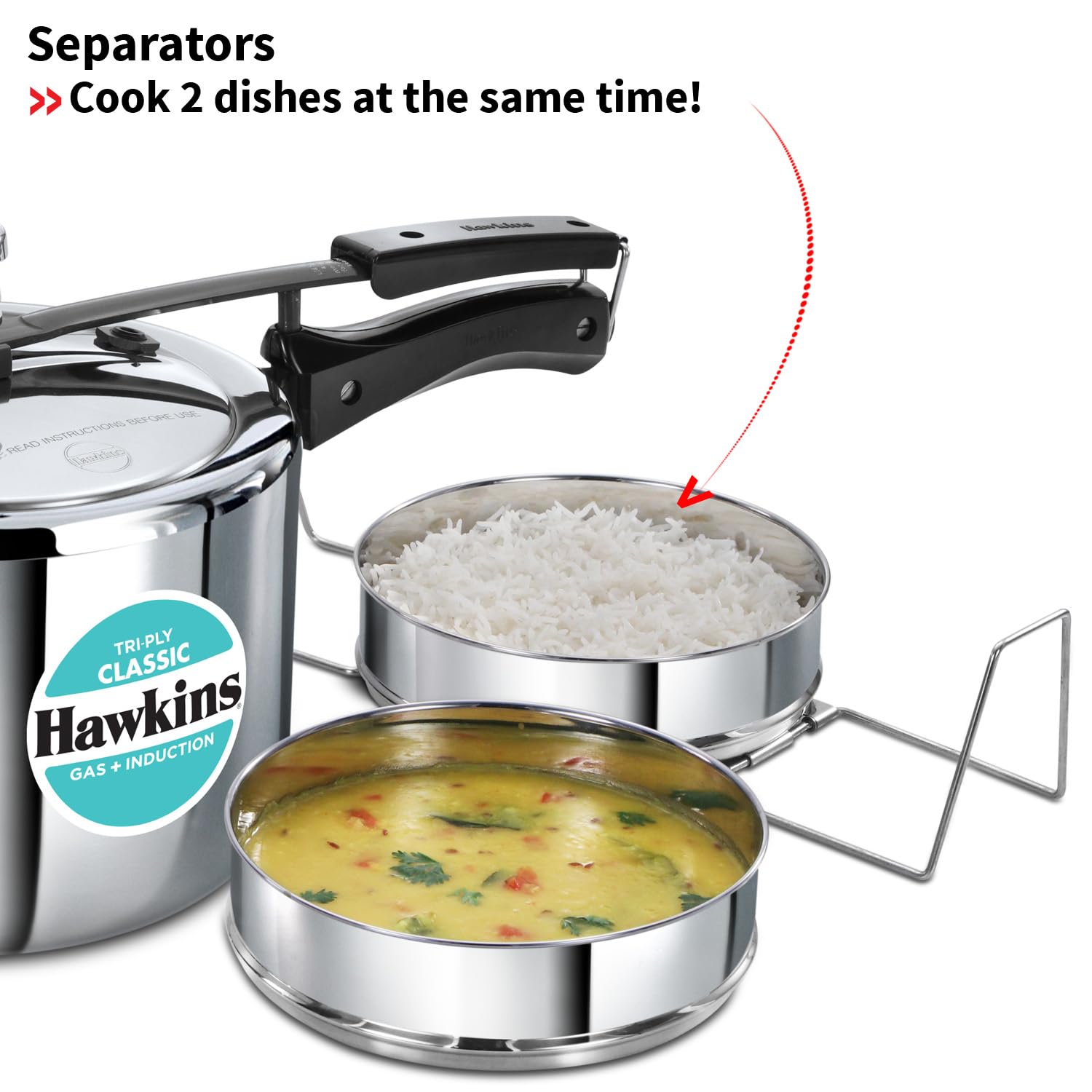 Hawkins Classic 5 Litre Tri-Ply Pressure Cooker with Separator, Triply Stainless Steel Inner Lid Cooker, Silver (SSTCL51)