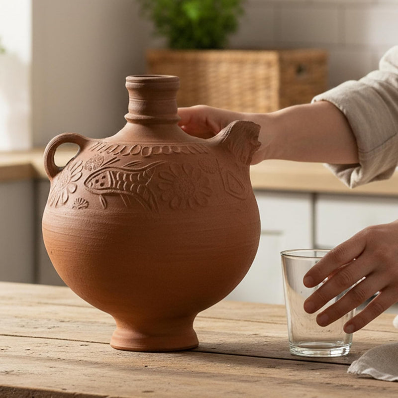 BS Natural Handcrafted Clay Water Surahi | Natural Mitti Ki Surahi for Cold Drinking Water | Eco-Friendly Earthen Water Pot | Traditional Terracotta (Surai, 5-6 Liter)