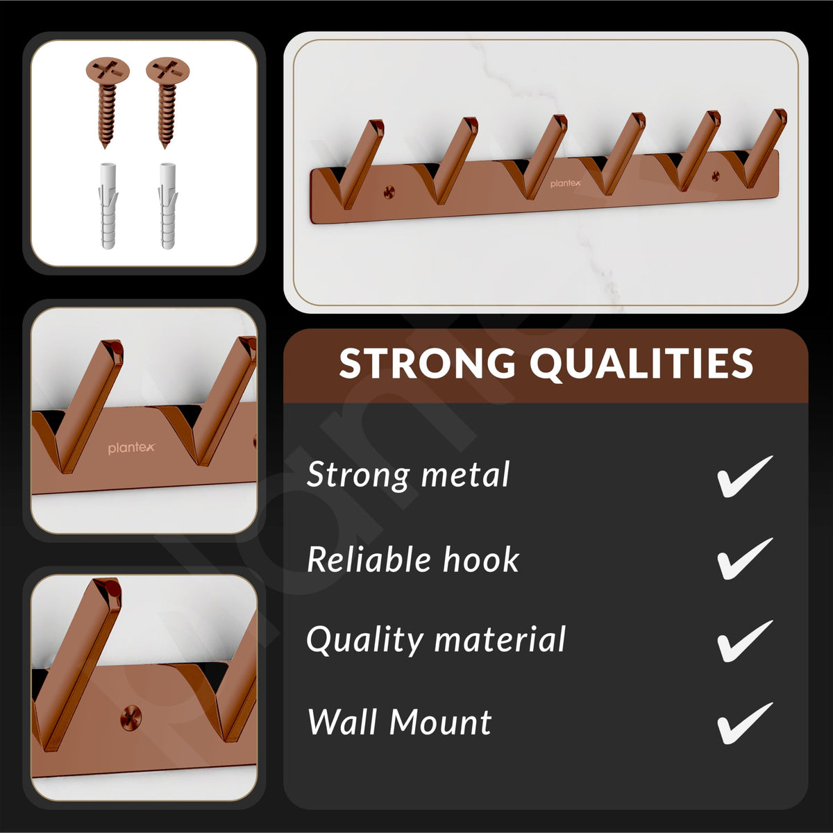 Plantex Wall Hooks for Hanging Cloth/Stainless Steel Towel Hangers/Bathroom Robe Hooks/Door Hangers/Square Wall Hook/Hook Rail for Hanging Keys - 6 Hooks (Pack of 3, PVD Rose Gold)-6
