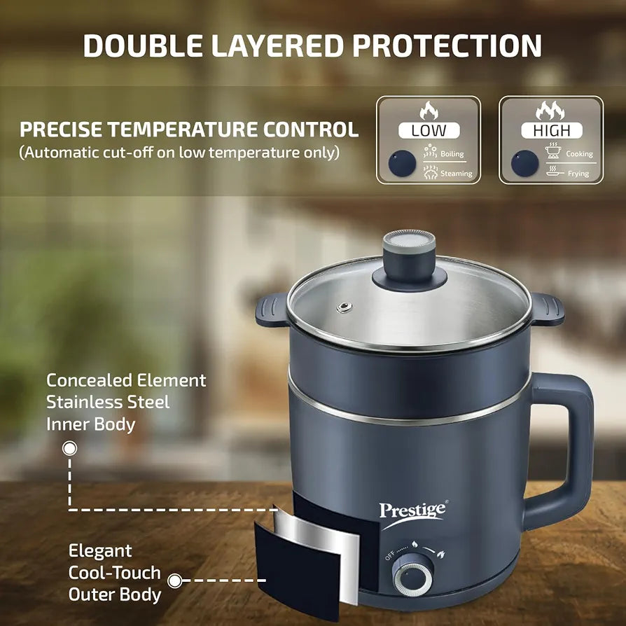 Prestige Multi-Cooker 1.5 Litre with Steamer and Egg Rack | Precise Temperature Control| Elegant Glass Lid| Concealed Element| 360 Degree Swivel| Cool Touch Handle| PMC 4.0