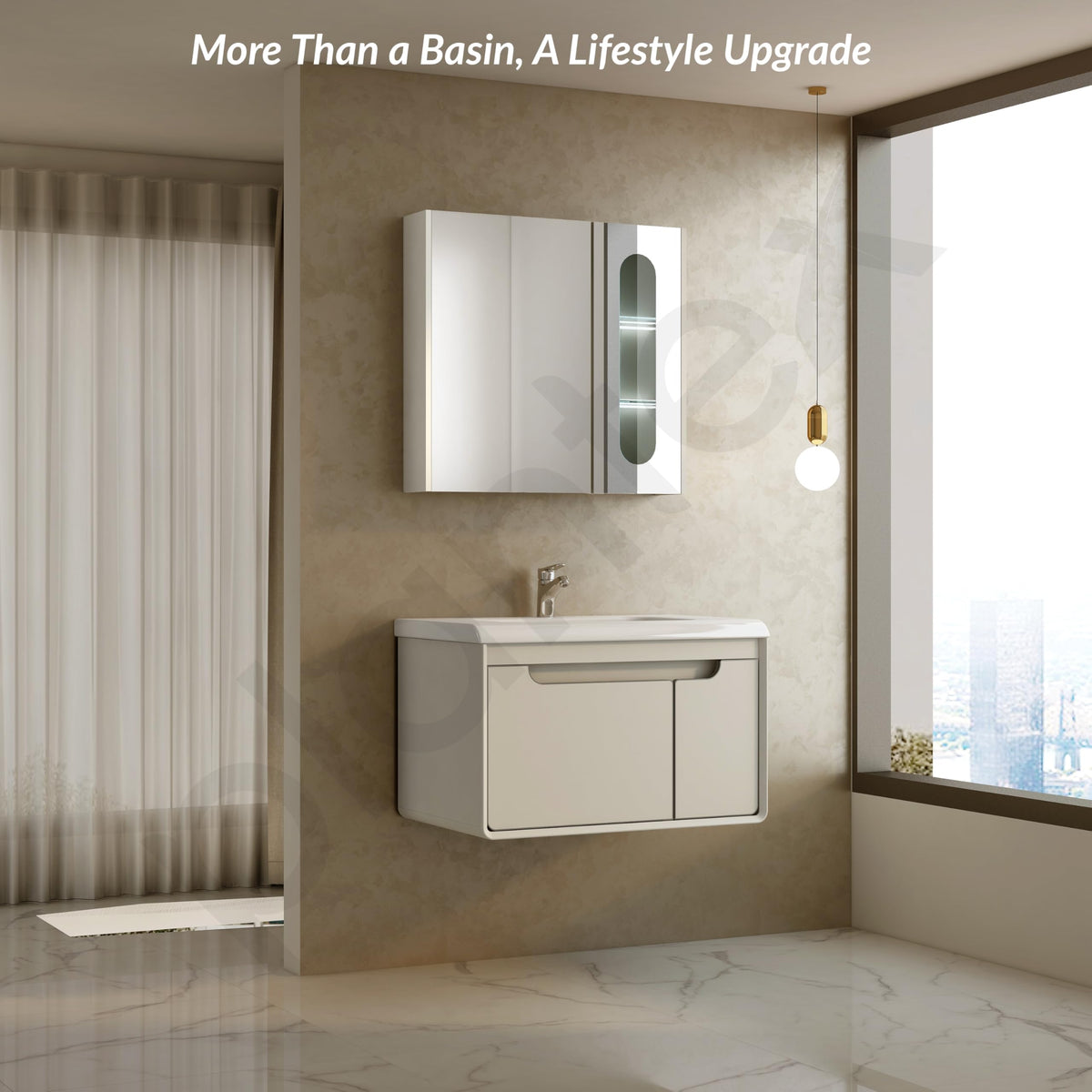 Plantex Unbreakable Wall Mount Wash Basin with Cabinet Full Set/Plywood Bathroom Vanity with Mirror, Coupling & Cabinet Motion Sensor Light (NZBC-35 - Beige)-3