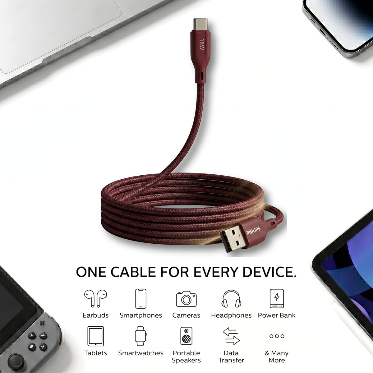 Philips DLC4130AI/94 18W Type-A to Type-C Fast Charging Cable (1m, Iron Red)