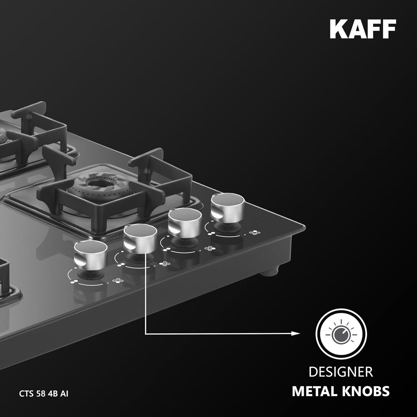 KAFF Gas Stove/Cooktop 4 Burners with Auto Electric Ignition 58 CM, Black Coated Brass Burners, Slim Line Design, Enamelled Pan Support with Integrated Flame Protector (Black) | CTS584BAI |