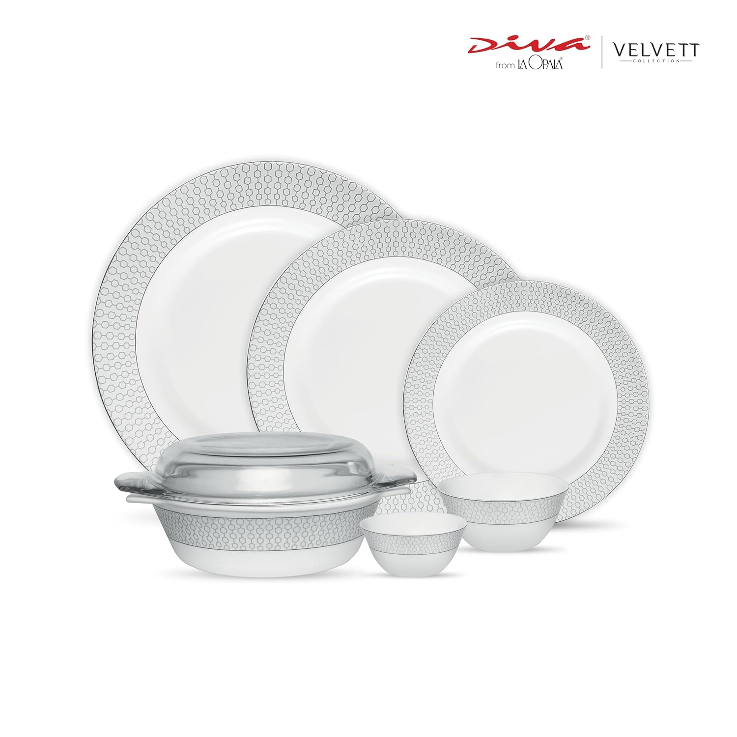 La Opala Diva Velvett Collection Opal Glass Crockery | for Family of 8 | Dinner Set 45 pcs Stella Grey | Plates & Bowls for Dining | Microwave Safe | 100% Vegetarian | Extra Strong | Light & White